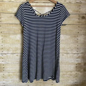 Socialite Women's Blue Striped Criss Cross Back Dress - Size Medium - 90's Style thumbnail 2