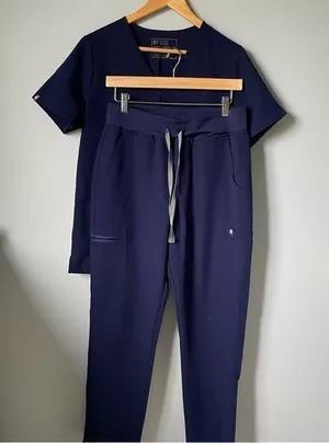 Figs Navy Blue Scrub Set-High Waisted Down Scrub Pants and Top thumbnail 1