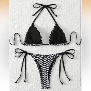 Amazon Black & White Wave-Print Tie-Side Triangle Bikini thumbnail 2