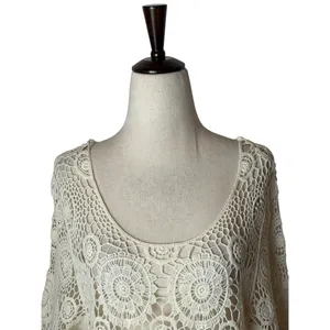 QED London Crochet Sweater Women Small Ivory Sheer Medallion Boho Coverup Hippie thumbnail 4