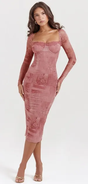 House of CB Seraphina Pink Print Corset Bodycon Midi Dress thumbnail 1