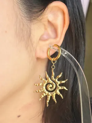 Handmade gold tone stainless steel sun boho retro vintage style hoops dangle earrings☀️ thumbnail 1