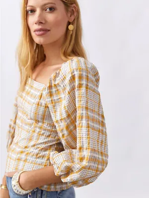 Maeve Anthropologie Plaid Square Neck Blouse Small Mustard NWT Puff Sleeve thumbnail 3