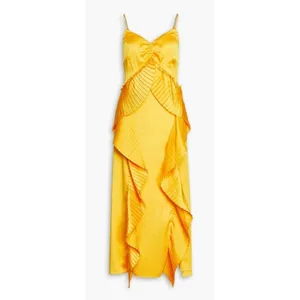 NWT AMUR Leena Pleated Ruffe Satin Maxi Slip Dress in Tuscany Yellow Sz. 12 thumbnail 4