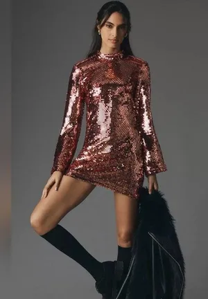 ANTHROPOLOGY MAEVE Pink Sequin Mock Neck Bell Sleeve Mini Dress NWT Size XS thumbnail 1