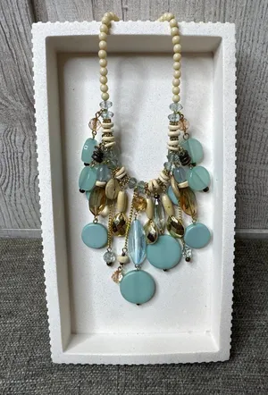 Boho Statement Beaded Necklace Turquoise & Gold Accents Adj Chain Layered thumbnail 1