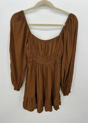 Brown‎ Peasant Babydoll Mini Dress Sz S Smocked Boho Cottagecore thumbnail 1