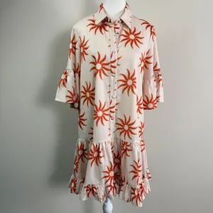 Petal & Pup Ren Soleil Sun Print Mini Dress Ruffle Bell Sleeve Cream Orange Med. thumbnail 2