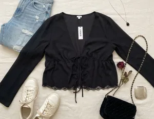 NWT Garage Black‎ Sheer Lace Trim Tie-Front Long Sleeve Blouse - Women’s Size XL thumbnail 1
