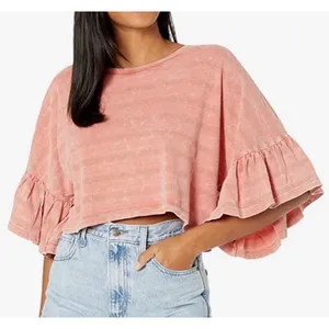 Roxy Coral Cropped Ruffle Sleeve Knit Top‎ Medium Boho Beach thumbnail 1