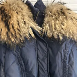 Andrew Marc Women’s Navy Blue Long Puffer Coat Hood Raccoon Fur Belted Waist XS thumbnail 3