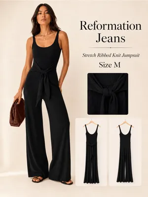 Reformation‎ Black Ribbed Wide-Leg Jumpsuit with Tie Waist thumbnail 2