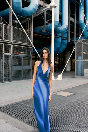 Zara Blue Halter Maxi Dress evening party wedding bohemian thumbnail 4