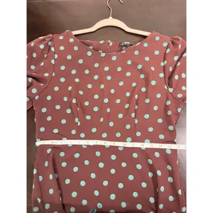 Bobeau Polka Dot Dara Midi Dress Puff Sleeve Ruffle Hem Burgundy Teal Size M thumbnail 8