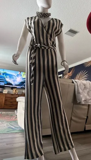 Caution to the Wind Black and White Striped Knit Surplice Jumpsuit thumbnail 1