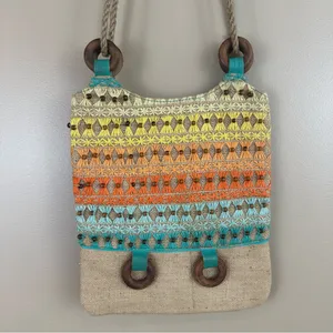 Colorful Embroidered & Beaded Bohemian Festival Jute Shoulder Bag Purse Artsy thumbnail 7