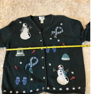 Ugly Christmas Sweater Cardigan Womens XL Green Snowman Mittens Scarf Poinsettia thumbnail 5