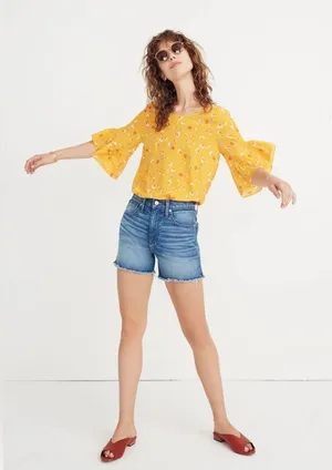 Madewell Silk Painted Carnations Floral‎ Ruffle Sleeve Blouse Gold Yellow thumbnail 1