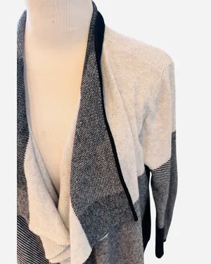 Retro Chaus Plaid Colorblock Cardigan Sweater Open Front Waterfall M Gray Black thumbnail 3