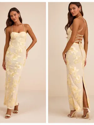Lulu's Nantessa Light Yellow Floral Applique Lace-Up Maxi Dress thumbnail 2