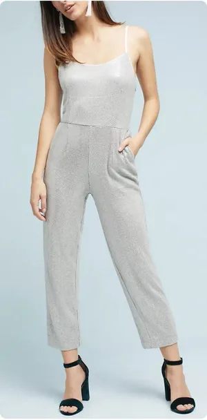Anthropologie ETT:TWA Claudette Sequined Jumpsuit Silver Gray Pockets Size 4 thumbnail 1