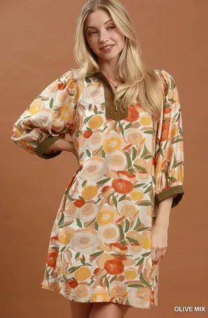 Umgee Mix Floral Contrast Trim Shift Mini Dress - Olive Mix - Medium thumbnail 1