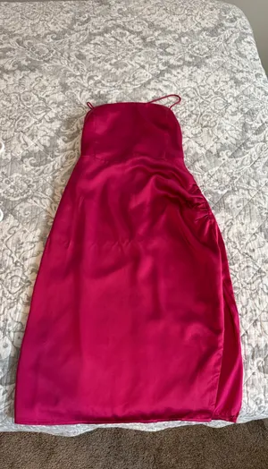 Lulus Always Luminous Magenta Satin Ruched Lace-up Dress thumbnail 3
