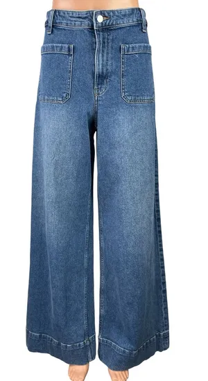 H&M Womens Blue High Rise Medium Wash Wide Leg Baggy Palazzo Denim Jeans Size 10 thumbnail 1