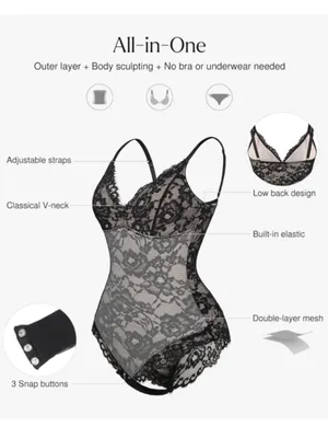 NWT Popilush Tummy Control Lace V-Neck Shapewear Slimming Bodysuit Black Size L thumbnail 2
