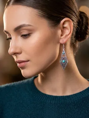 Carved Geometric Shape With Turquoise Decor Dangle Earrings Retro Bohemian Style thumbnail 1