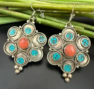 Vintage Silver-tone Turquoise & Coral Tibetan Style Flower Dangle Earrings 22g. thumbnail 1
