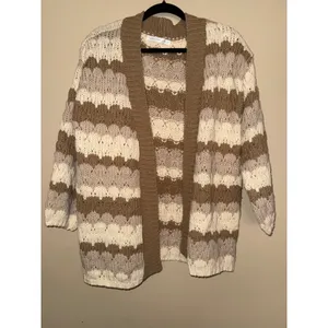 Altar'd State Stripe Chunky Knit Cardigan Brown Tan Cream Boho Oversized S Layer thumbnail 2