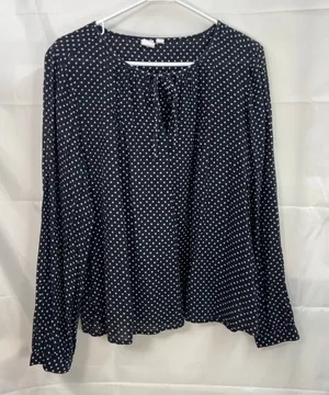 GAP women's long sleeve tie neck loose relaxed‎ black polka dotted blouse large thumbnail 1