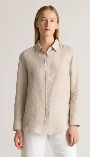 Quince Women’s 100% European Linen Long Sleeve Shirt in Driftwood M thumbnail 1