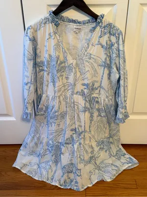 Charlee Toile Print Short Sleeve Dress in Blue and White thumbnail 2