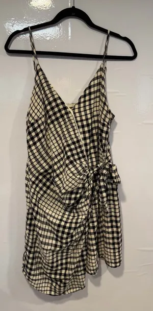 Free People Nadia Black and Cream Gingham Wrap-Front Slip‎ Dress thumbnail 1