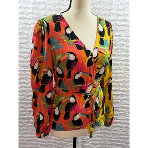 Farm Rio for Anthropologie Toucan Print Wrap Top Orange Yellow Beaded Tassel XS thumbnail 2