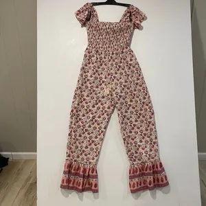 BOG Collective Floral Smocked Jumpsuit M Boho Wide Leg Puff Sleeve NWT thumbnail 2