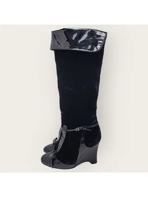 Laurence Dacade Velvet Patent Leather Bow Knee High Wedge Heels Boot Size 38 thumbnail 13