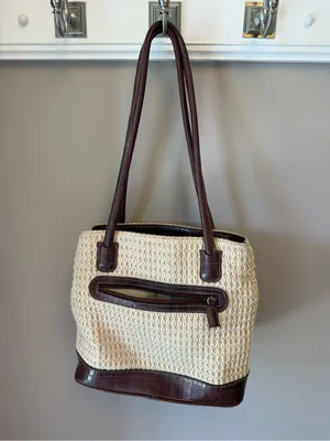 Straw Tote Bag with Brown Leather Trim - Classic Women's Shoulder Bag thumbnail 3