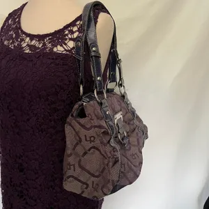 LineaR Fabric Logo Satchel Purse Purple Y2K McBling Croco Double Handle Indie thumbnail 4