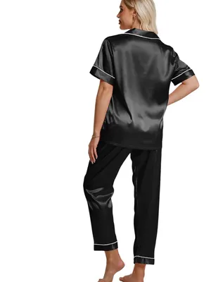 Women's Satin look/ feel Pajama Set - Black with White Piping thumbnail 9