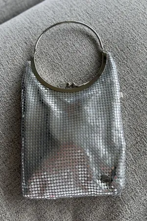 Olga Berg Silver Chainmail Evening Bag Metallic Mesh Clutch with Round Handle thumbnail 1