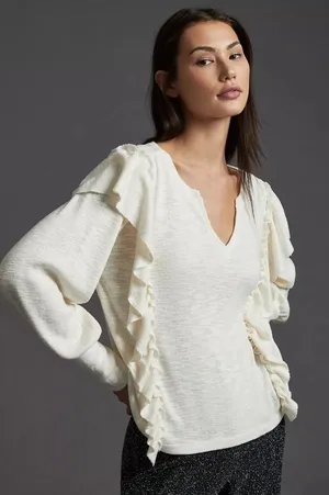 Pilcro Cozy Popover‎ top Anthropologie ivory ruffle v neck blouse thumbnail 1