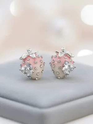 Silver Tone Pink Strawberry Crystal Stud Earrings thumbnail 4