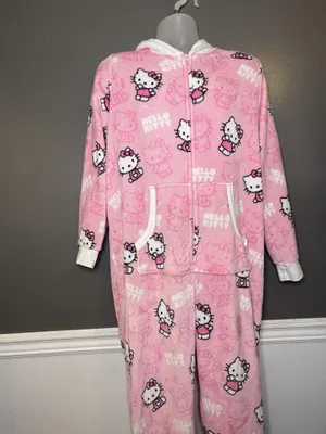Hello Kitty One Piece Pajamas Womens XL Pink Hooded Fleece One-piece Sleepwear thumbnail 3