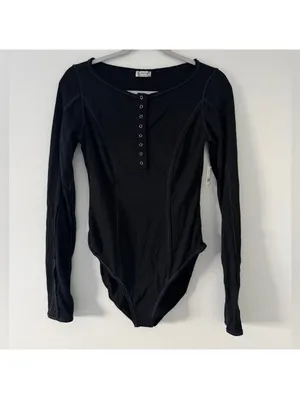 NWT Free People Intimately Sloane Long Sleeve Henley Black bodysuit size xs thumbnail 4