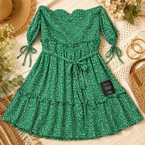 Lulus Green Floral Smocked Off-The-Shoulder Mini Dress NWT Medium thumbnail 1