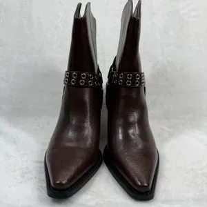 Lulus Dark‎ Brown Faux Leather Harness Western Ankle Boots Pointed Toe Zip 8 thumbnail 4