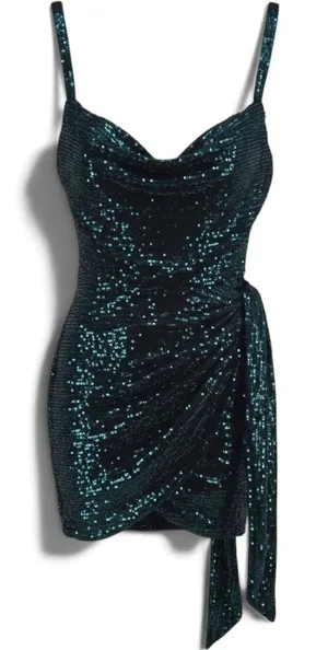 Lucy in the Sky Dress Womens M Sequin Cowl Neck Teal Green Ruched Mini EUC thumbnail 1